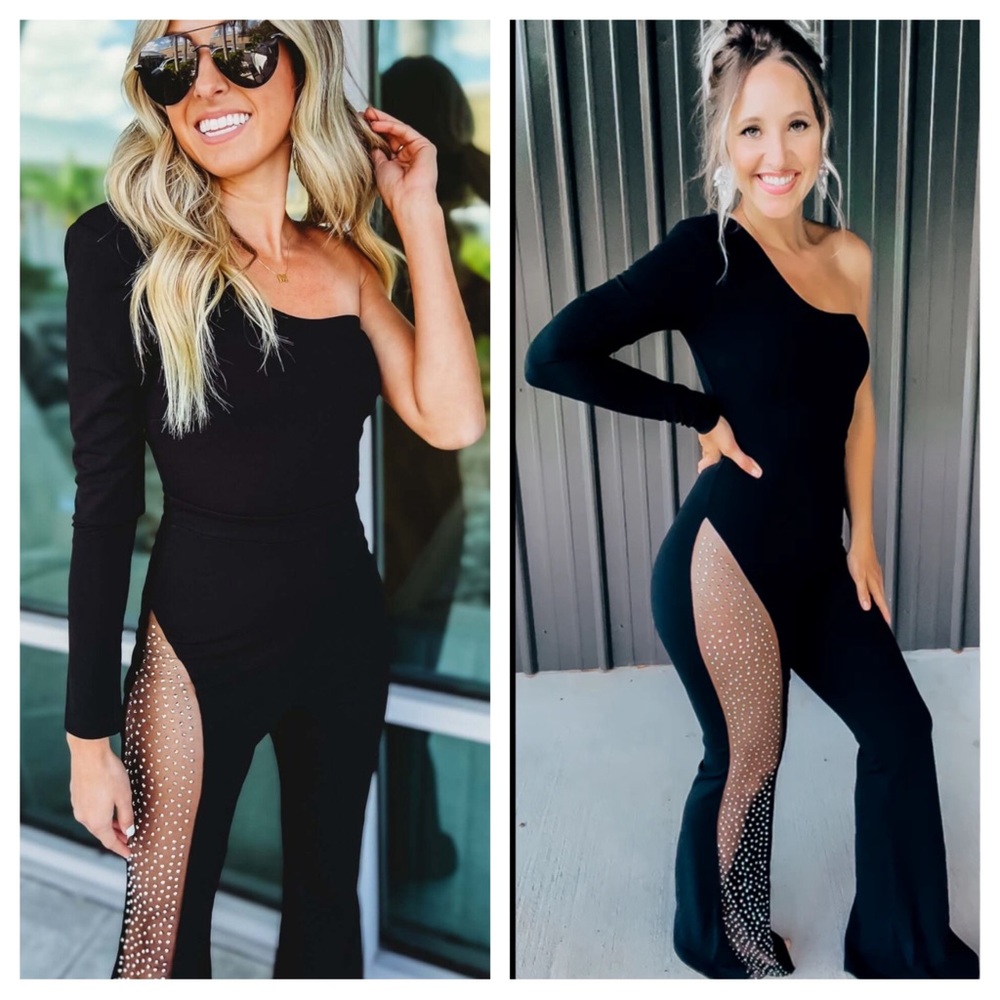 NWT Blondie Boutique Black One Shoulder Jumpsuit with Sheer Rhinestone Panel XS